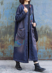 Classy blue prints Fashion trench coat Inspiration two big pockets thick coats - SooLinen