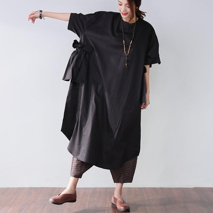 Classy cotton dresses stylish Casual Women Splicing Summer Loose Cotton Pocket Black Dress