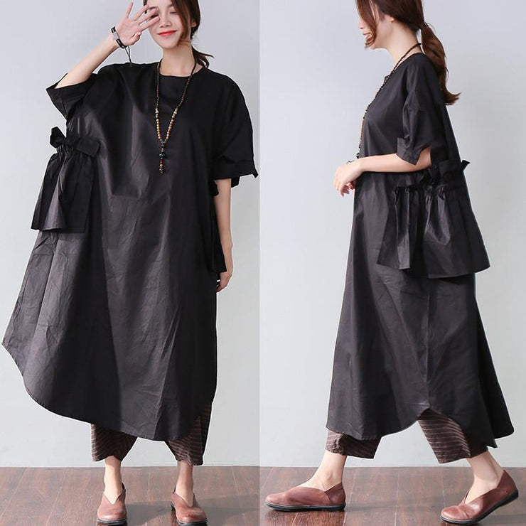 Classy cotton dresses stylish Casual Women Splicing Summer Loose Cotton Pocket Black Dress