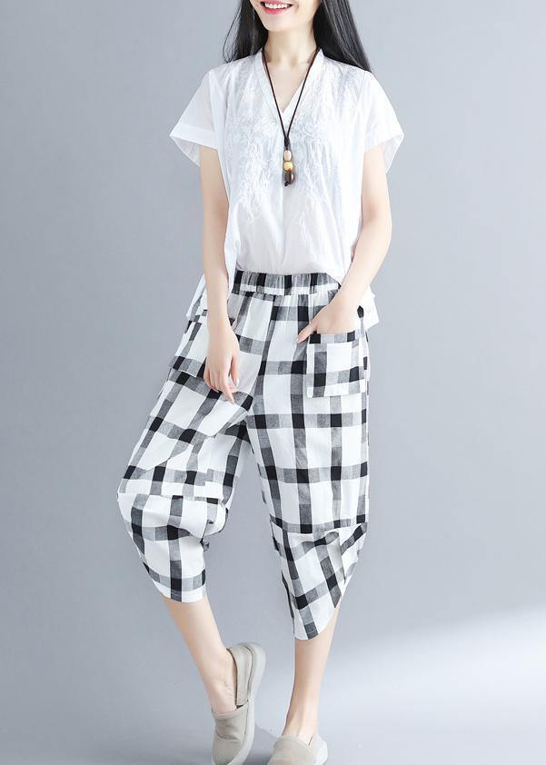 Classy cotton quilting white Plaid Art harem pants - SooLinen