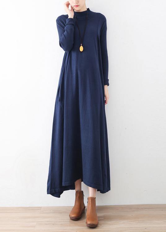 Classy dark blue tunic dresshigh neck Batwing Sleeve robes fall Dresses - SooLinen