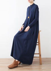 Classy dark blue tunic dresshigh neck Batwing Sleeve robes fall Dresses - SooLinen