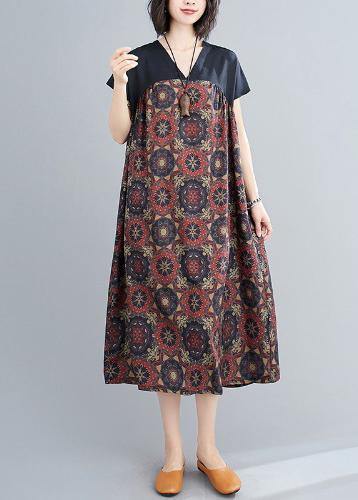 Classy floral cotton Tunics v neck patchwork Art summer Dresses - SooLinen