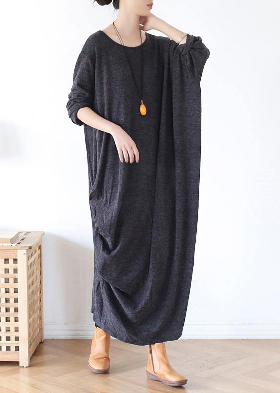 Classy gray cotton tunic dress o neck asymmetric long spring Dress - SooLinen