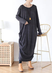 Classy gray cotton tunic dress o neck asymmetric long spring Dress - SooLinen