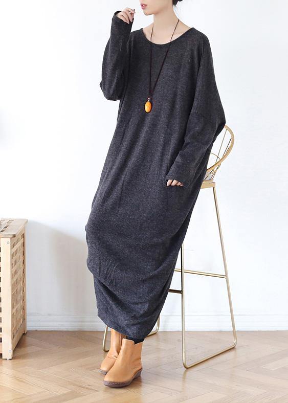 Classy gray cotton tunic dress o neck asymmetric long spring Dress - SooLinen