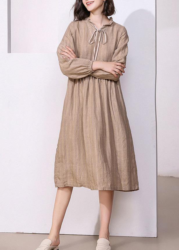 Classy khaki linen dresses v neck Robe high neck Dresses - SooLinen