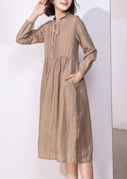 Classy khaki linen dresses v neck Robe high neck Dresses - SooLinen