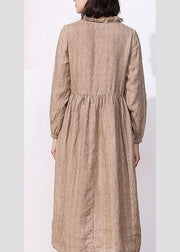 Classy khaki linen dresses v neck Robe high neck Dresses - SooLinen