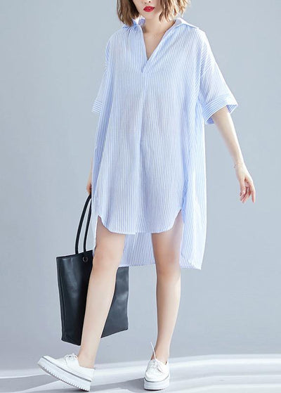 Classy lapel asymmetric linen dress boutique Fashion Ideas blue striped Knee Dresses Summer - SooLinen