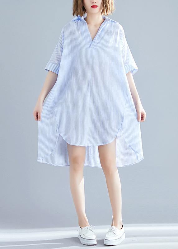 Classy lapel asymmetric linen dress boutique Fashion Ideas blue striped Knee Dresses Summer - SooLinen