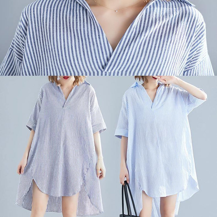 Classy lapel asymmetric linen dress boutique Fashion Ideas blue striped Knee Dresses Summer - SooLinen