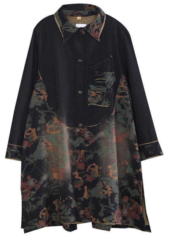 Classy lapel patchwork spring Robes Runway green print Dresses - SooLinen