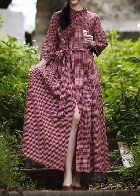 Classy lapel tie waist spring dresses Shape red plaid Dress - SooLinen