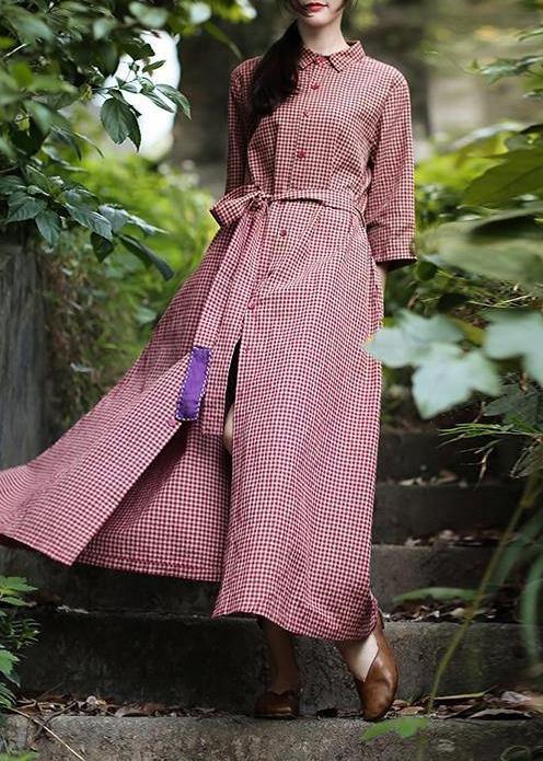 Classy lapel tie waist spring dresses Shape red plaid Dress - SooLinen