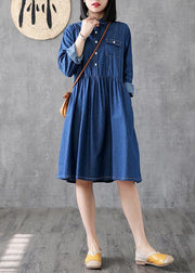 Classy lapel Cinched Cotton quilting clothes Photography denim blue Dress - SooLinen