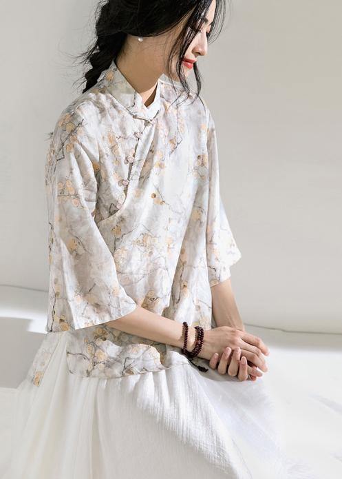 Classy light gray floral  linen Long Shirts flare sleeve silhouette stand collar shirts - SooLinen