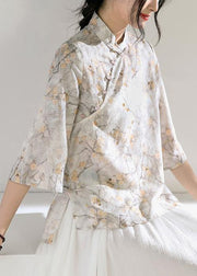 Classy light gray floral  linen Long Shirts flare sleeve silhouette stand collar shirts - SooLinen