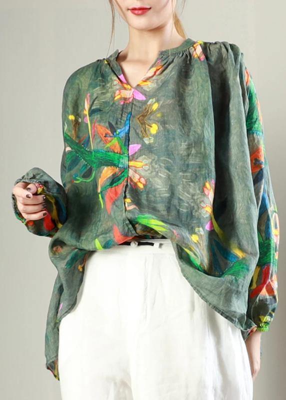 Classy linen crane tops plus size Simple V-Neck Print Long Sleeve Blouse - SooLinen