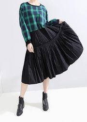 Classy long sleeve cotton clothes Photography green plaid patchwork Plus Size Dresses - SooLinen