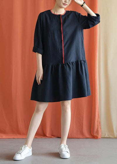 Classy navy linen clothes bracelet sleeved oversized fall Dresses - SooLinen