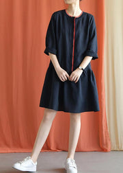 Classy navy linen clothes bracelet sleeved oversized fall Dresses - SooLinen