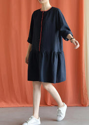 Classy navy linen clothes bracelet sleeved oversized fall Dresses - SooLinen