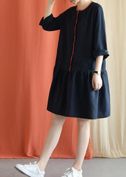 Classy navy linen clothes bracelet sleeved oversized fall Dresses - SooLinen