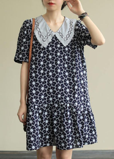 Classy navy print Cotton patchwork short sleeve baggy Dresses - SooLinen