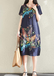 Classy navy prints cotton Tunics short sleeve oversized summer Dresses - SooLinen