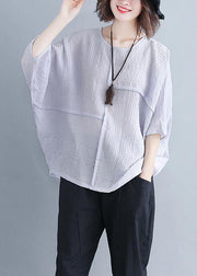 Classy o neck Batwing Sleeve patchwork cotton blended Shirts Women design gray purple baggy tops Summer - SooLinen