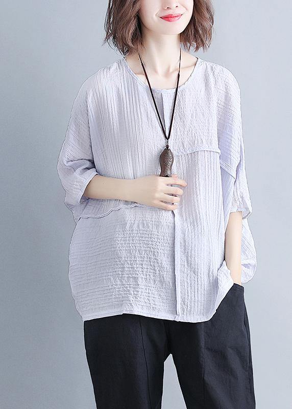 Classy o neck Batwing Sleeve patchwork cotton blended Shirts Women design gray purple baggy tops Summer - SooLinen