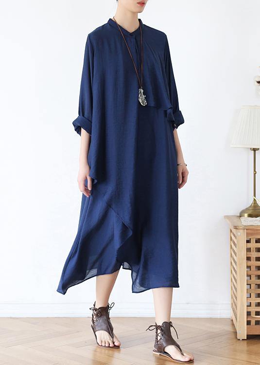 Classy o neck asymmetric fall for women long Sleeve blue long Dresses - SooLinen