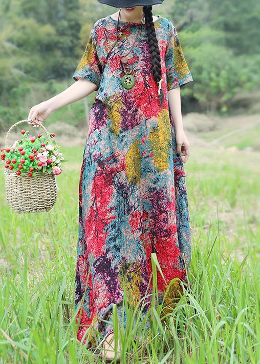 Classy o neck cotton linen Robes Fitted Photography red yellow floral cotton robes Dresses Summer - SooLinen