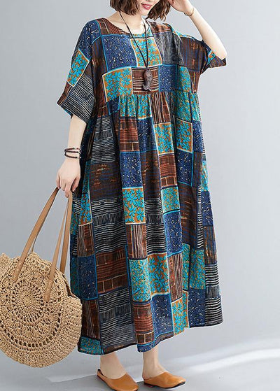 Classy o neck exra large hem cotton linen dresses Runway blue print Dress - SooLinen