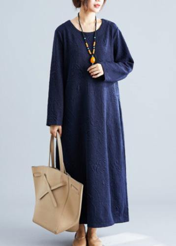 Classy o neck jacquard cotton Wardrobes Tunic navy Traveling Dresses fall - SooLinen