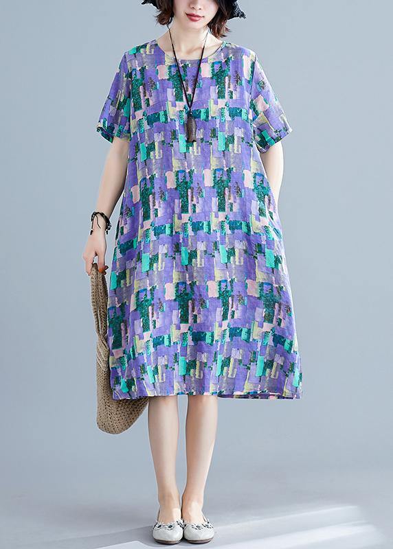 Classy o neck pockets Cotton clothes pattern purple print Dress summer - SooLinen