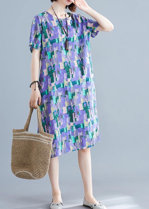 Classy o neck pockets Cotton clothes pattern purple print Dress summer - SooLinen