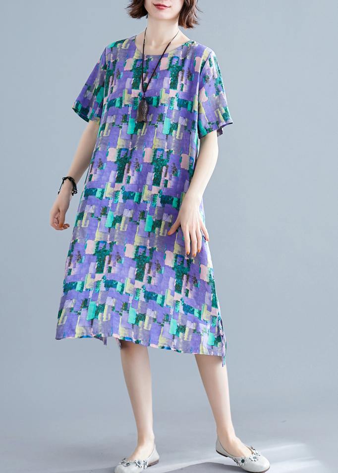 Classy o neck pockets Cotton clothes pattern purple print Dress summer - SooLinen