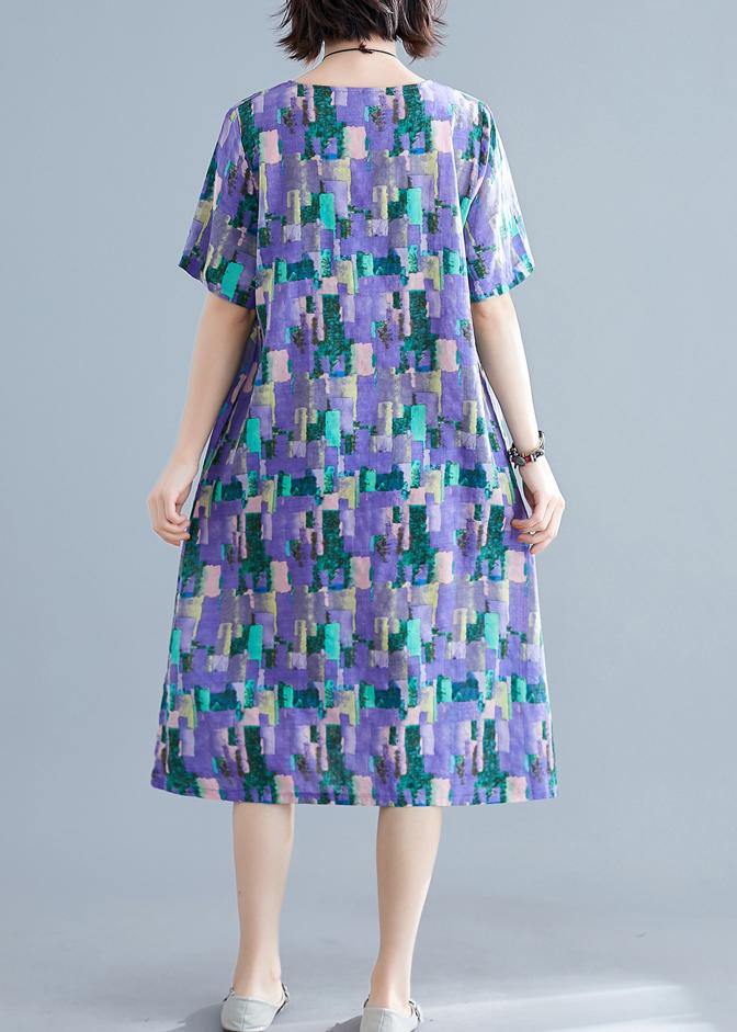 Classy o neck pockets Cotton clothes pattern purple print Dress summer - SooLinen