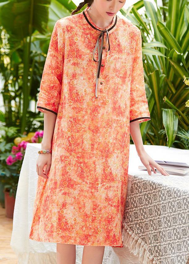 Classy o neck pockets half sleeve linen Wardrobes Sewing orange print Dress summer - SooLinen