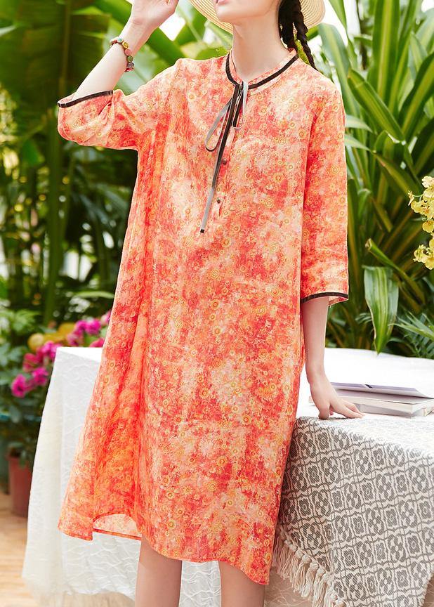 Classy o neck pockets half sleeve linen Wardrobes Sewing orange print Dress summer - SooLinen