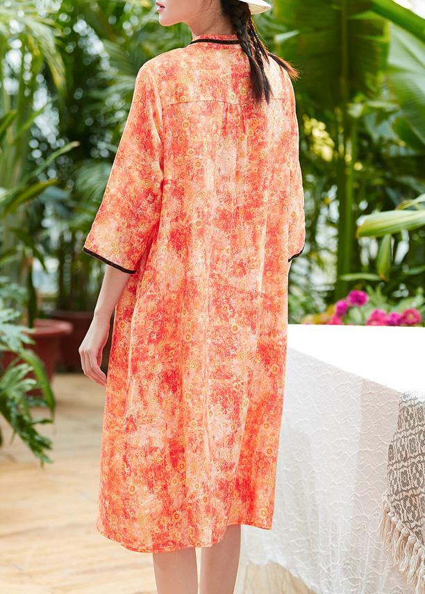 Classy o neck pockets half sleeve linen Wardrobes Sewing orange print Dress summer - SooLinen