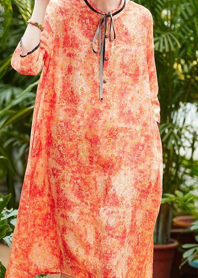 Classy o neck pockets half sleeve linen Wardrobes Sewing orange print Dress summer - SooLinen