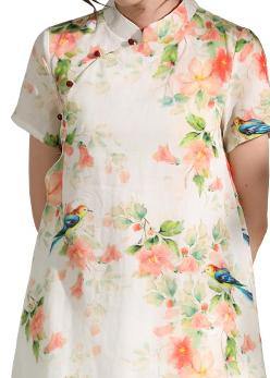 Classy orange floral linen clothes short sleeve Dresses o neck Dress - SooLinen