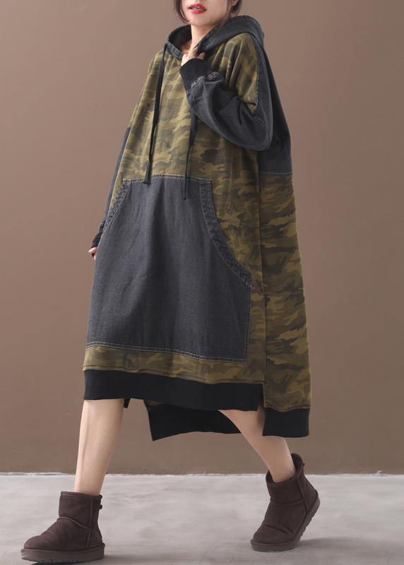 Classy patchwork cotton hooded quilting dresses Shape green Camouflage Plus Size Dresses - SooLinen