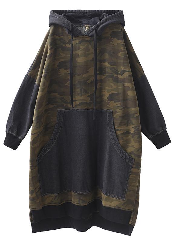 Classy patchwork cotton hooded quilting dresses Shape green Camouflage Plus Size Dresses - SooLinen