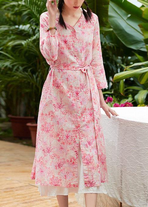 Classy pink print linen clothes v neck tie waist Maxi summer Dress - SooLinen