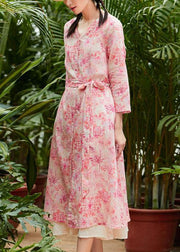 Classy pink print linen clothes v neck tie waist Maxi summer Dress - SooLinen