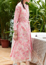 Classy pink print linen clothes v neck tie waist Maxi summer Dress - SooLinen